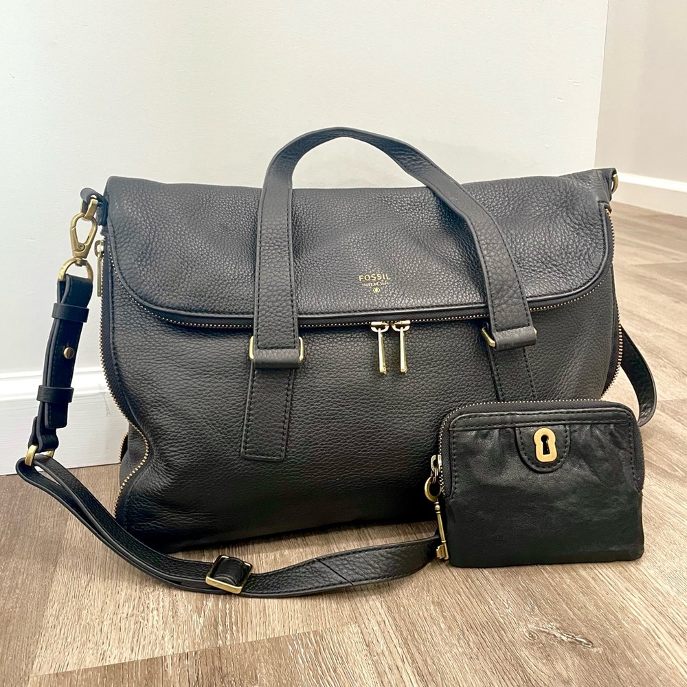 FOSSIL✨Large Preston Expandable Zip Leather Foldover Messenger Satchel & Wallet
